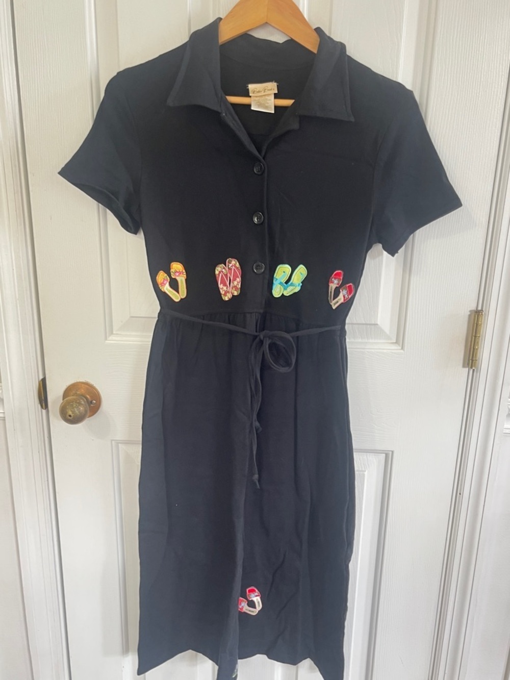 Bobbie Brooks Vintage Sz S Short Sleeve Embroidered Sandals Midi Dress Flip Flop